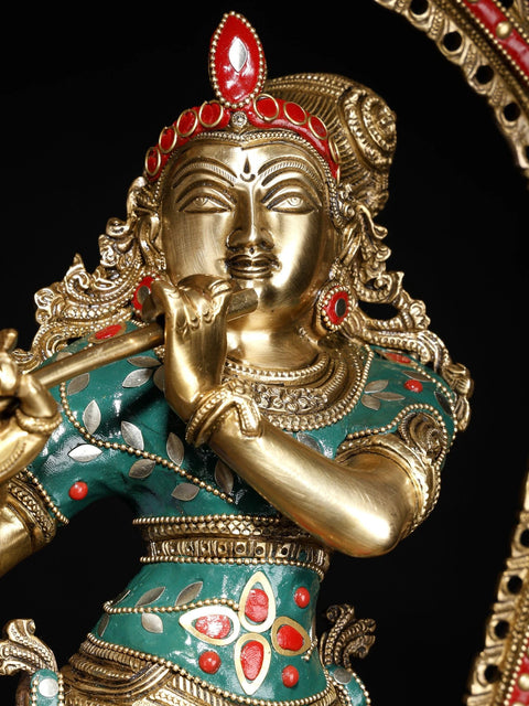 31" Large Murli Manohar Krishna Idol on Pedestal with Peacock Prabhavali | Inlay Brass Statue