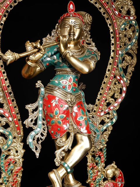 31" Large Murli Manohar Krishna Idol on Pedestal with Peacock Prabhavali | Inlay Brass Statue