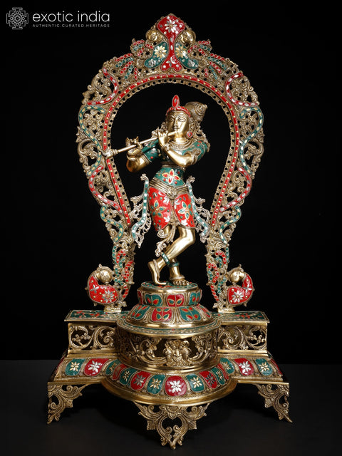 31" Large Murli Manohar Krishna Idol on Pedestal with Peacock Prabhavali | Inlay Brass Statue