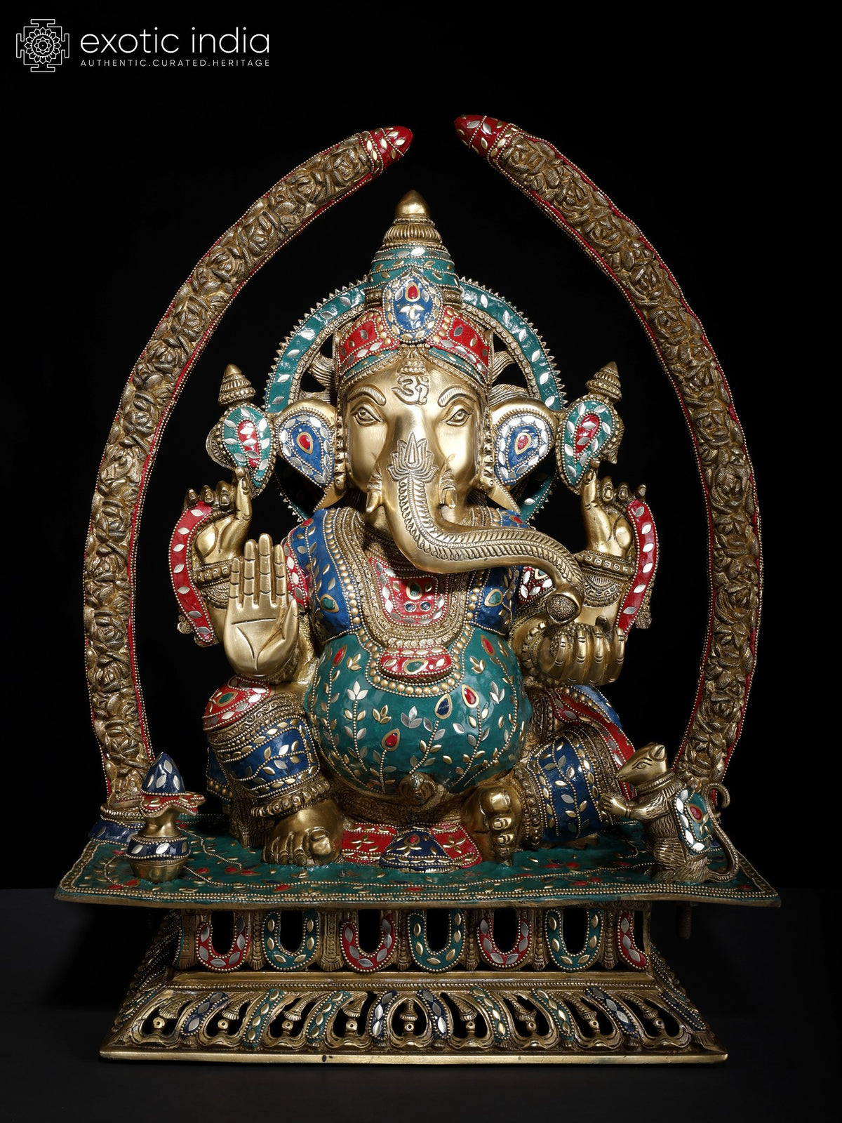 22" Brass Ganapati Blessing Statue with Arch and Inlay Work