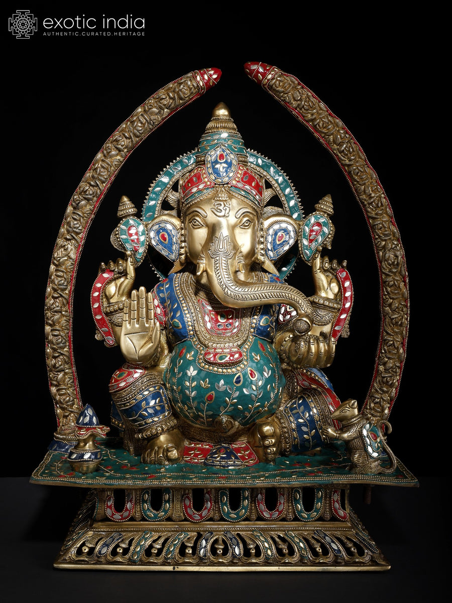 22" Brass Ganapati Blessing Statue with Arch and Inlay Work