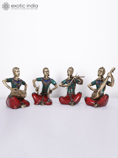 8" Handmade Brass Lady Musicians Statue Set with Inlay Work