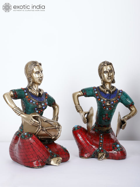 8" Lady Musicians | Set of Four | Brass Statues with Inlay Work