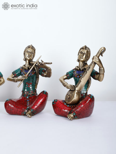 8" Lady Musicians | Set of Four | Brass Statues with Inlay Work