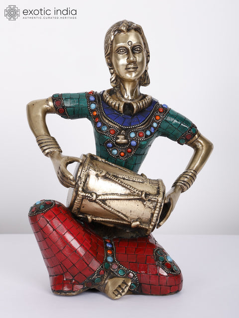 8" Lady Musicians | Set of Four | Brass Statues with Inlay Work