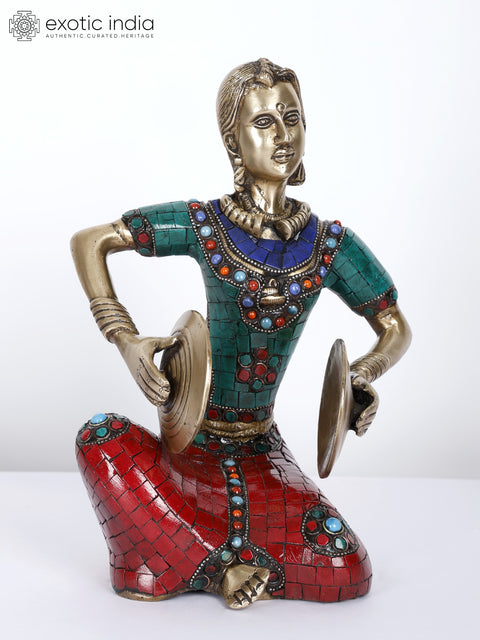 8" Lady Musicians | Set of Four | Brass Statues with Inlay Work