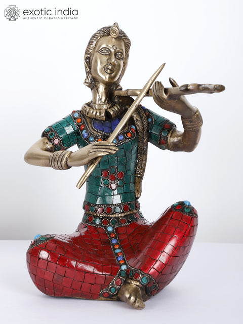 8" Lady Musicians | Set of Four | Brass Statues with Inlay Work