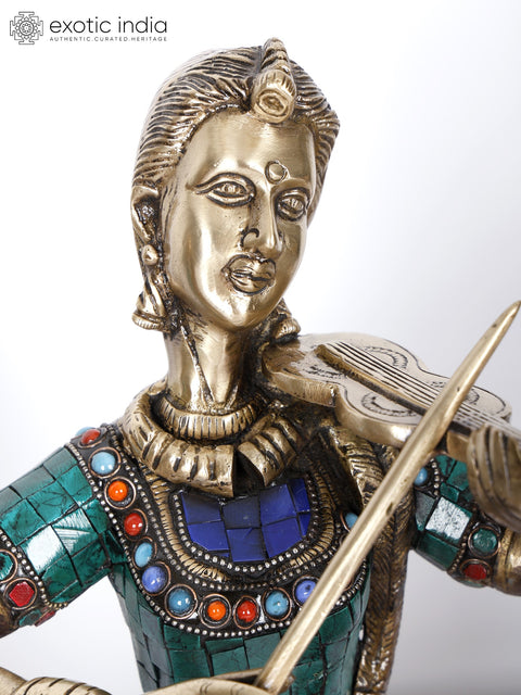 8" Lady Musicians | Set of Four | Brass Statues with Inlay Work