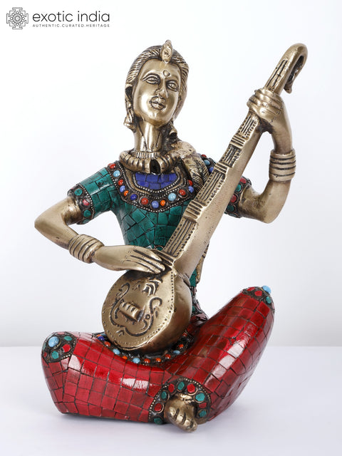 8" Lady Musicians | Set of Four | Brass Statues with Inlay Work