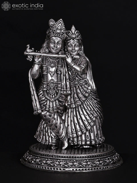 5" Small Superfine Standing Radha Krishna Playing Flute Together | Silver Plated Brass Statue