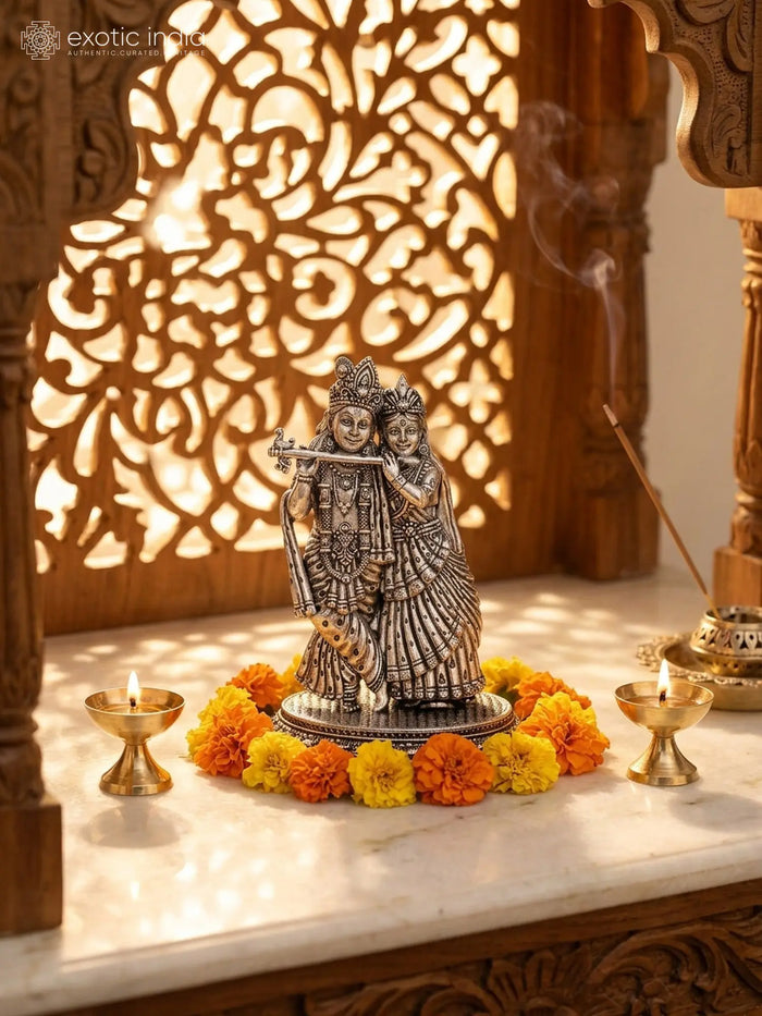 5" Superfine Standing Radha Krishna Playing Flute Silver Plated Brass Statue