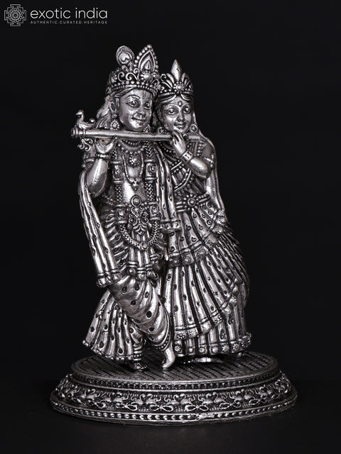 5" Small Superfine Standing Radha Krishna Playing Flute Together | Silver Plated Brass Statue