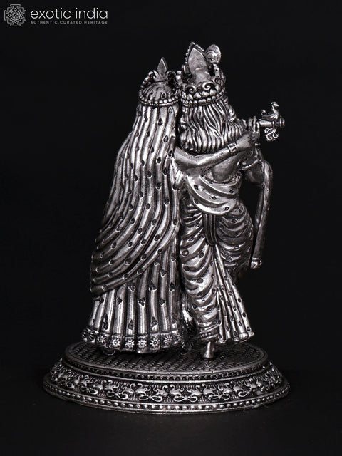 5" Small Superfine Standing Radha Krishna Playing Flute Together | Silver Plated Brass Statue