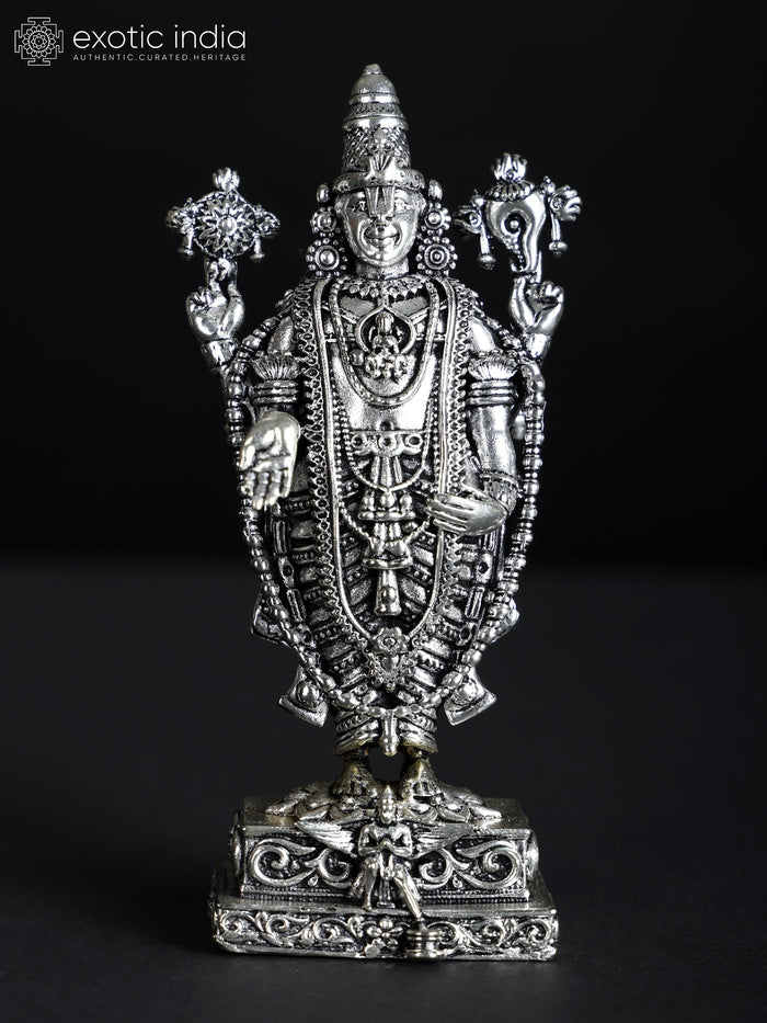 4" Silver Plated Brass Lord Tirupati Balaji Statue for Home Pooja