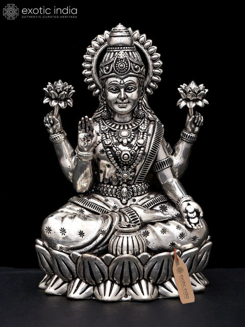 Blessing Goddess Lakshmi Seated on Lotus | Small Silver Plated Brass Statue