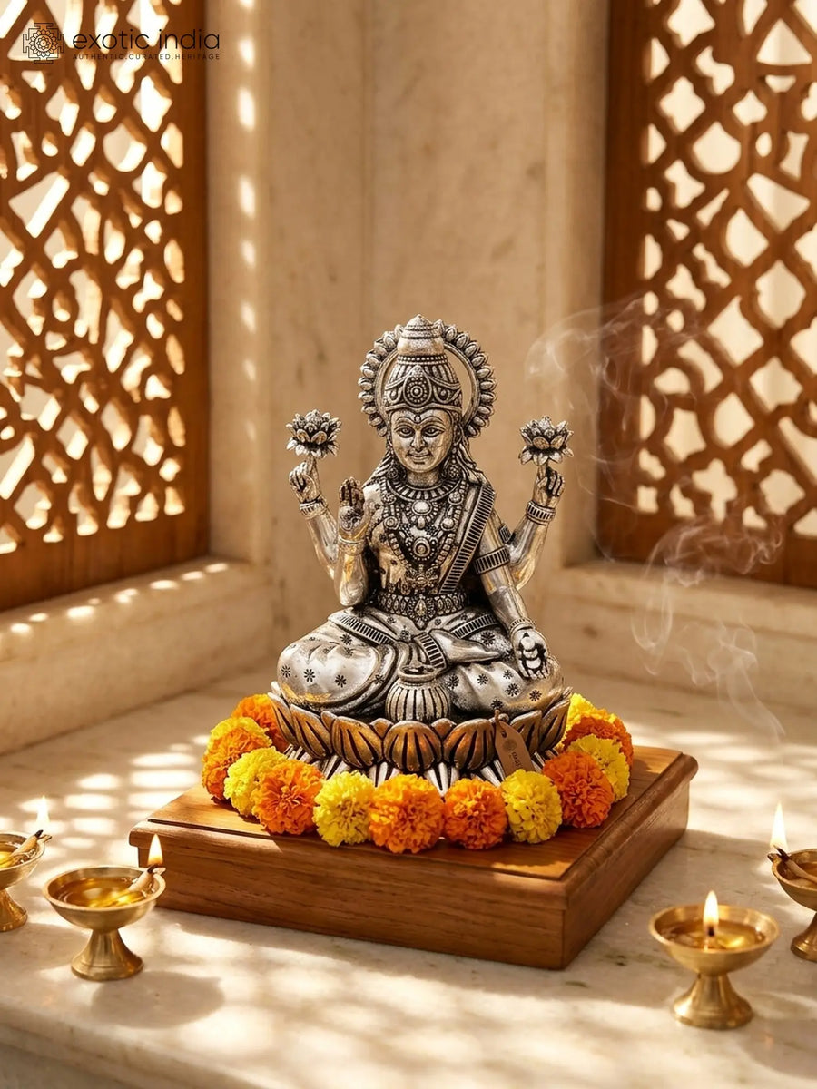 Blessing Goddess Lakshmi Seated on Lotus Silver Plated Brass Statue