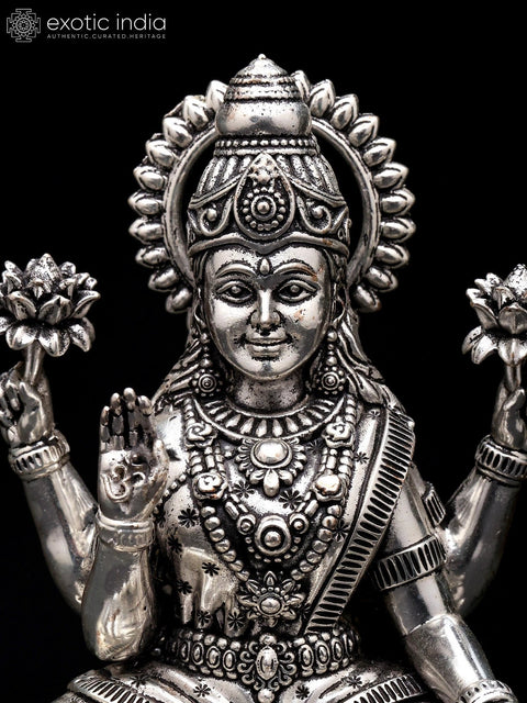 Blessing Goddess Lakshmi Seated on Lotus | Small Silver Plated Brass Statue