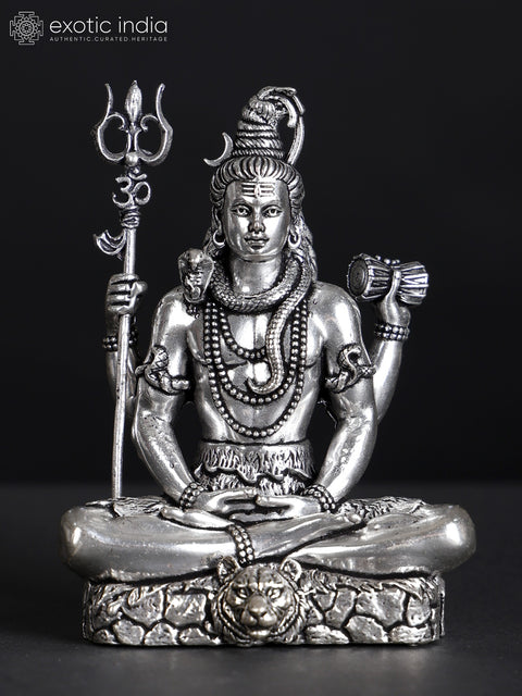 Small Superfine Sitting Four-Armed Lord Shiva Silver Plated Brass Statue (Multiple Sizes)