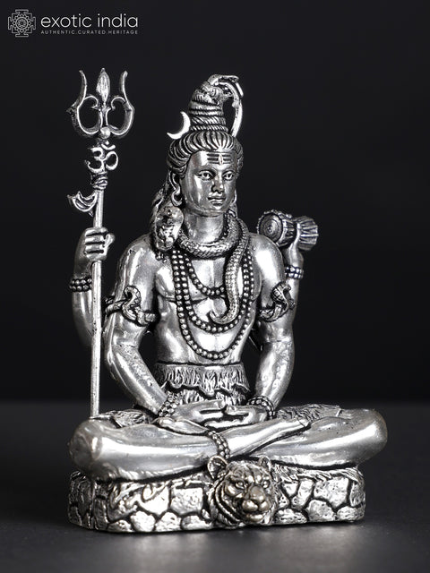Small Superfine Sitting Four-Armed Lord Shiva Silver Plated Brass Statue (Multiple Sizes)
