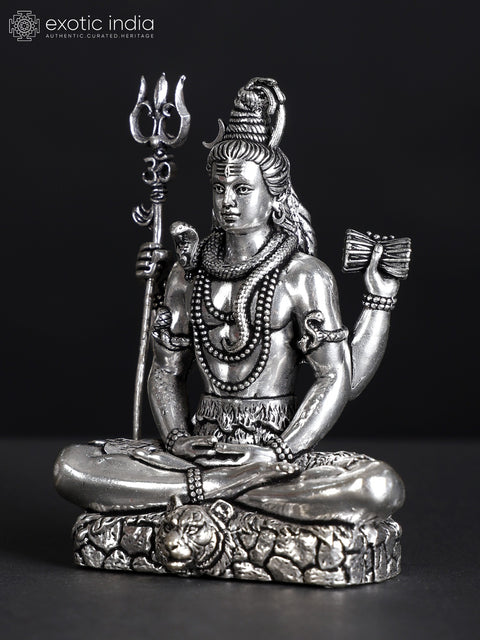 Small Superfine Sitting Four-Armed Lord Shiva Silver Plated Brass Statue (Multiple Sizes)