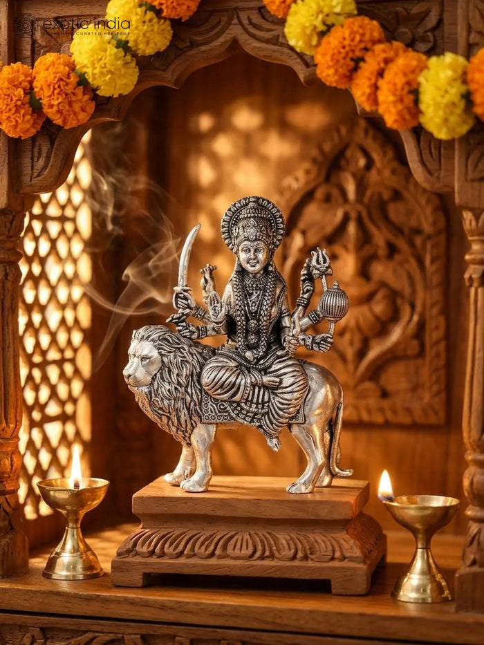 Small Ashtabhujadharini Durga Sherawali Maa Silver Plated Brass Statue