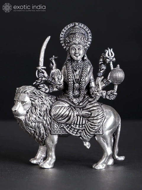 Small Ashtabhujadharini Goddess Durga (Sherawali Maa) | Silver Plated Brass Statue