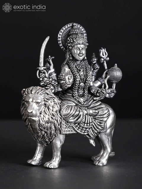 Small Ashtabhujadharini Goddess Durga (Sherawali Maa) | Silver Plated Brass Statue