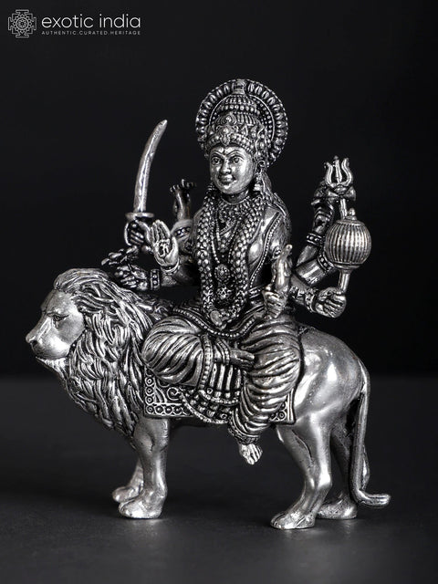 Small Ashtabhujadharini Goddess Durga (Sherawali Maa) | Silver Plated Brass Statue