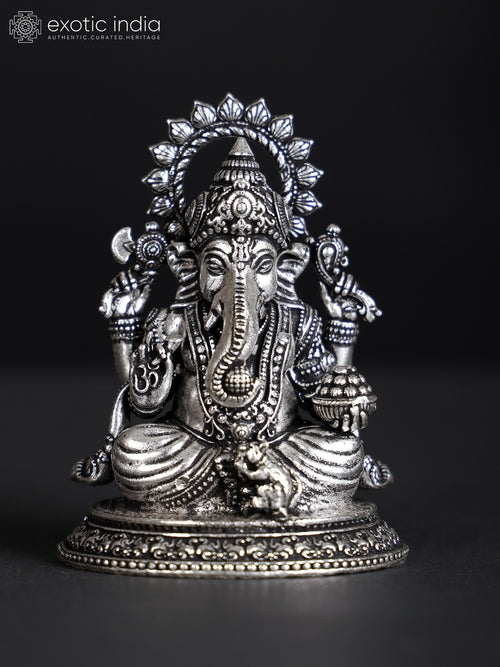 2" Small Chaturbhuja Lord Ganesha Silver Plated Brass Statue