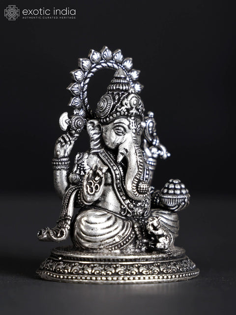 2" Small Chaturbhuja Lord Ganesha | Silver Plated Brass Statue