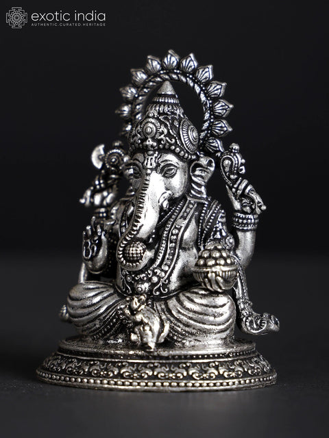 2" Small Chaturbhuja Lord Ganesha | Silver Plated Brass Statue