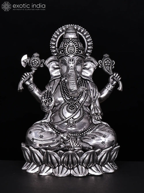 Small Blessing Lord Ganesha Seated on Lotus Silver Plated Brass Statue