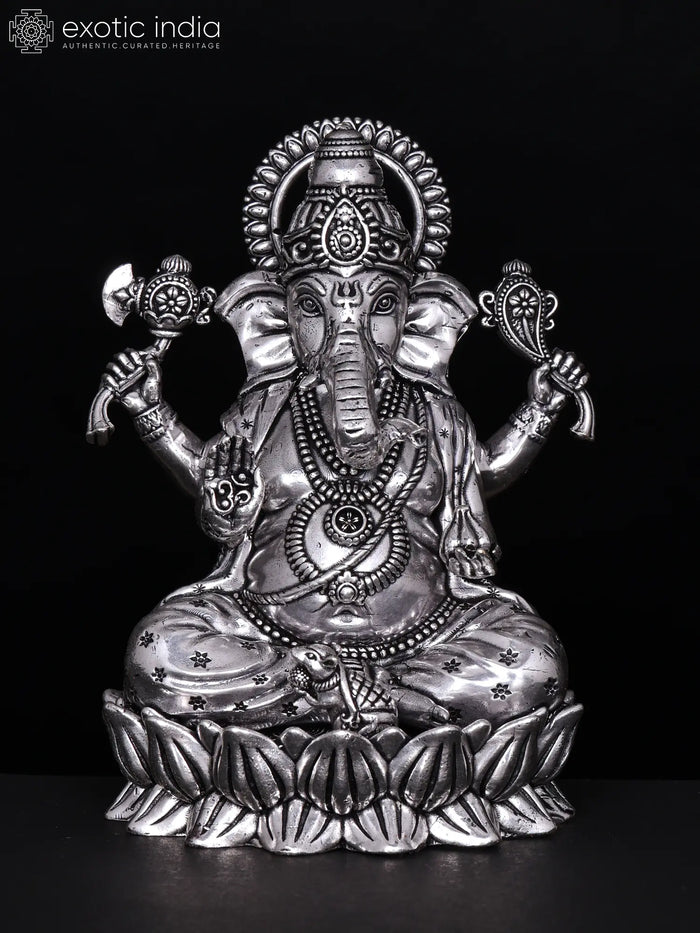 Small Blessing Lord Ganesha Seated on Lotus Silver Plated Brass Statue