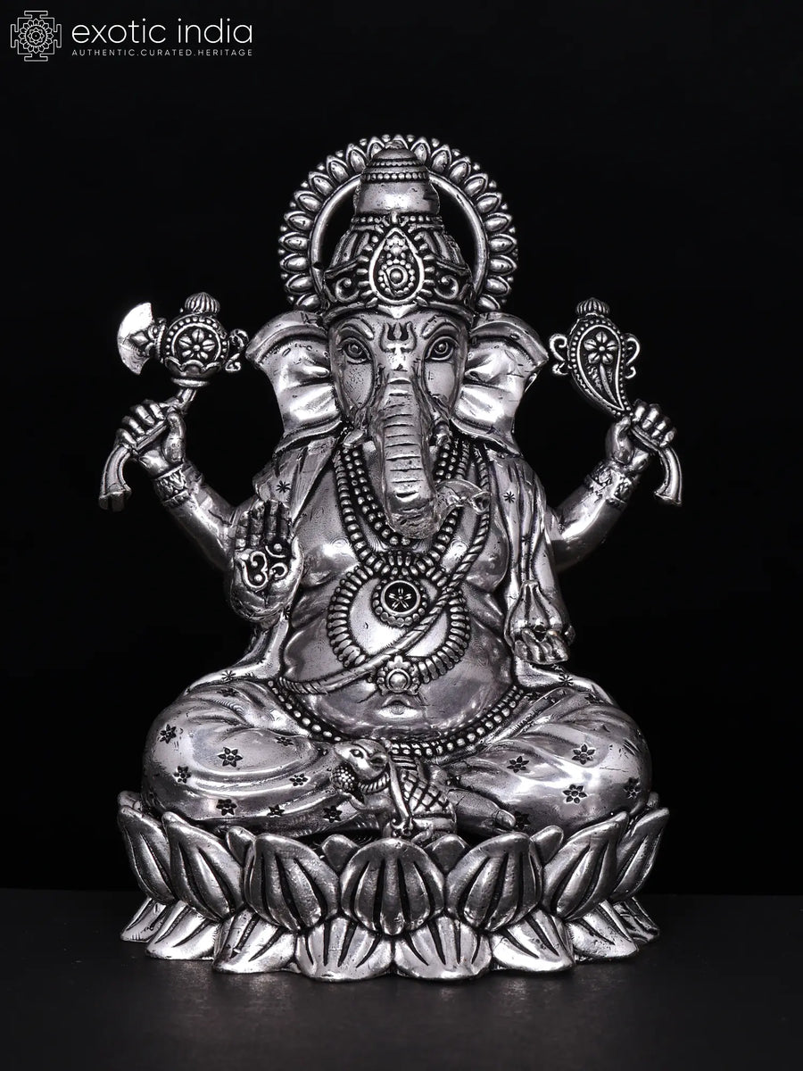 Small Blessing Lord Ganesha Seated on Lotus Silver Plated Brass Statue