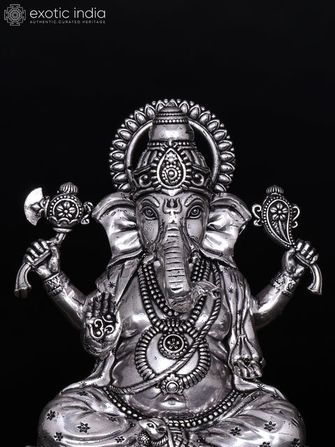 Small Blessing Lord Ganesha Seated on Lotus | Silver Plated Brass Statue | Multiple Sizes