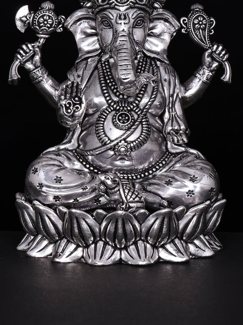 Small Blessing Lord Ganesha Seated on Lotus | Silver Plated Brass Statue | Multiple Sizes