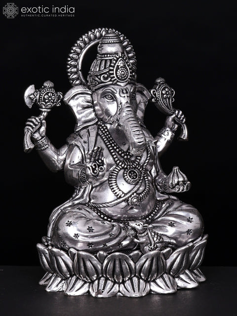 Small Blessing Lord Ganesha Seated on Lotus | Silver Plated Brass Statue | Multiple Sizes