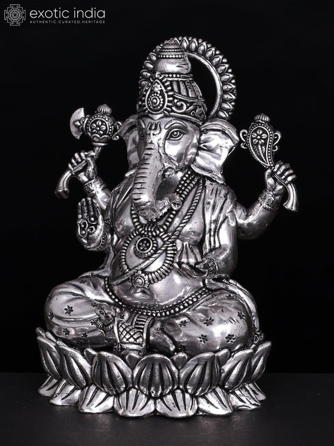 Small Blessing Lord Ganesha Seated on Lotus | Silver Plated Brass Statue | Multiple Sizes