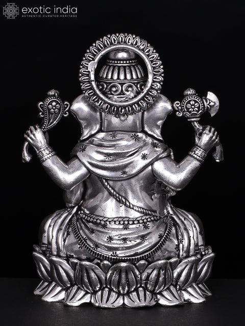 Small Blessing Lord Ganesha Seated on Lotus | Silver Plated Brass Statue | Multiple Sizes