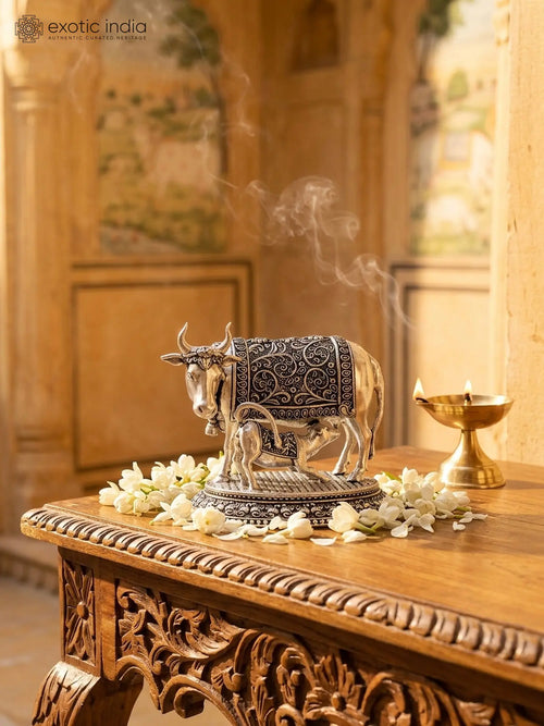 Small Cow and Calf Silver Plated Brass Statue