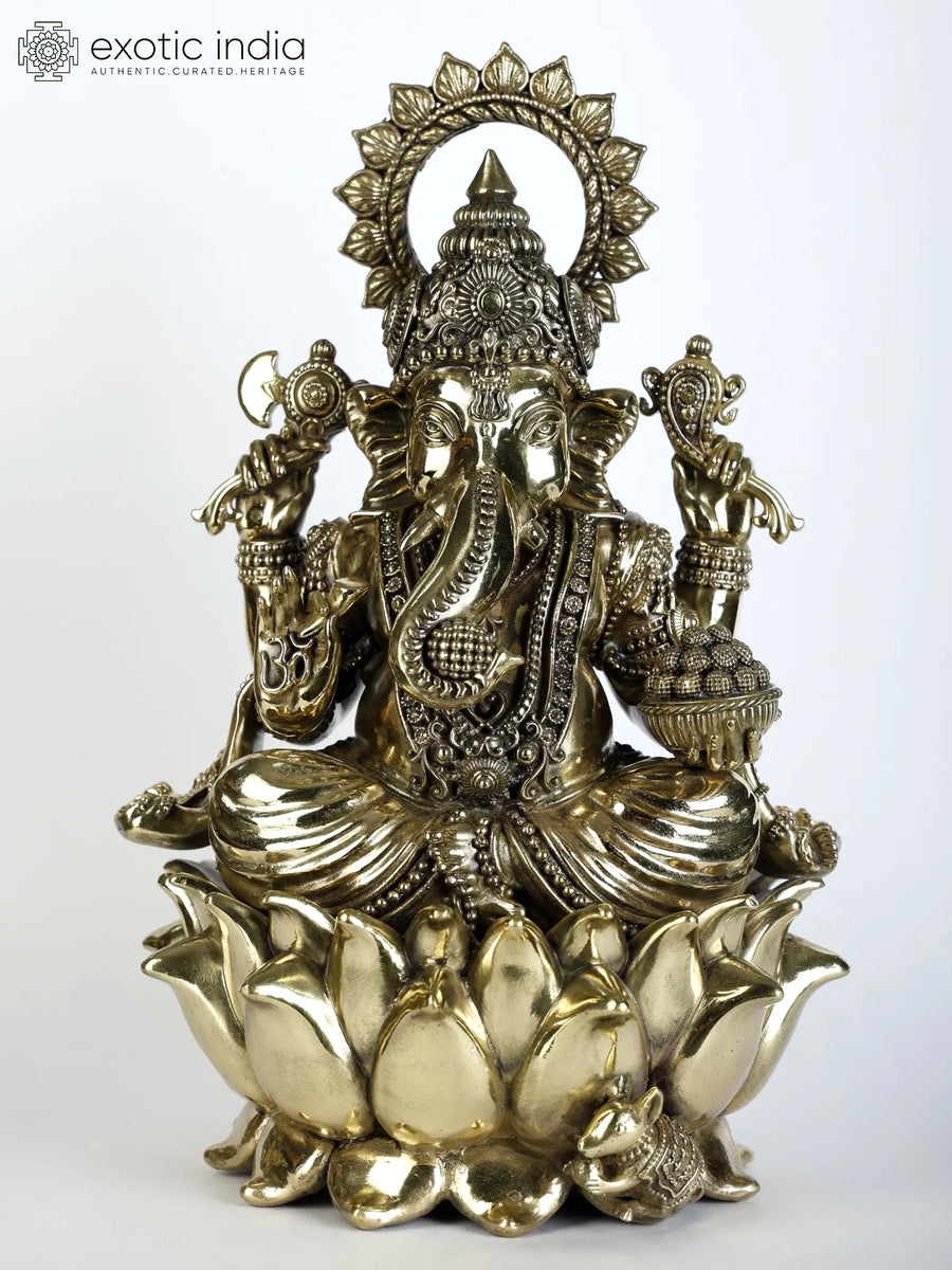Four-Armed Blessing Ganesha on Lotus Brass Statue Handmade