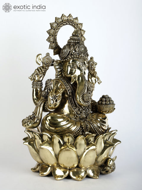 Superfine Four-Armed Blessing Lord Ganesha Seated on Lotus | Multiple Sizes Brass Statues