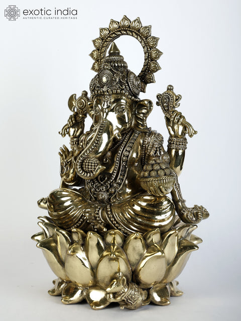 Superfine Four-Armed Blessing Lord Ganesha Seated on Lotus | Multiple Sizes Brass Statues