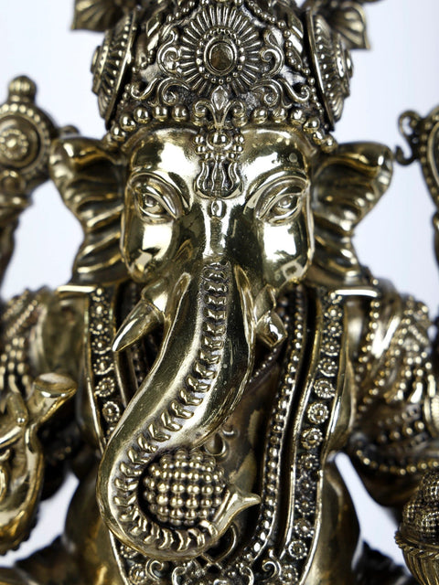 Superfine Four-Armed Blessing Lord Ganesha Seated on Lotus | Multiple Sizes Brass Statues