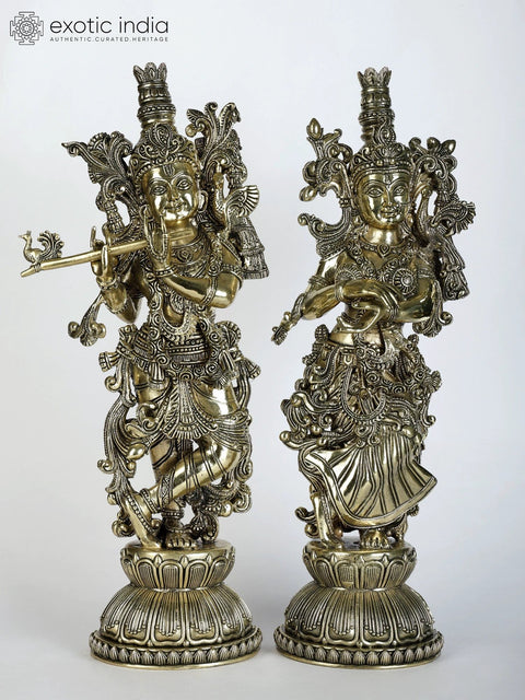 15" Superfine Pair of Radha - Krishna Statues in Brass