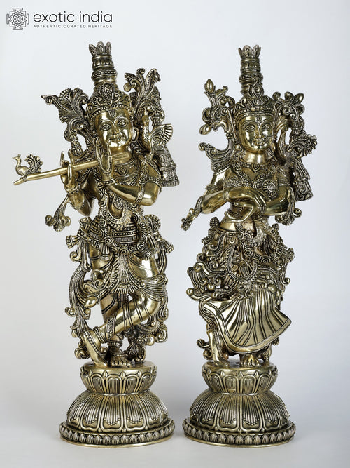 15" Handmade Radha Krishna Brass Statues Pair