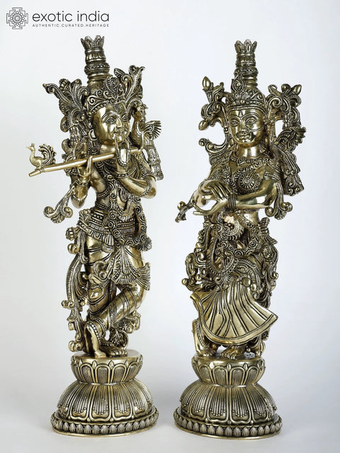 15" Superfine Pair of Radha - Krishna Statues in Brass
