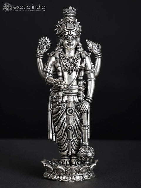 Superfine Four-Armed Lord Vishnu Idol Standing on Lotus | Silver Plated Brass Statue (Different Sizes)