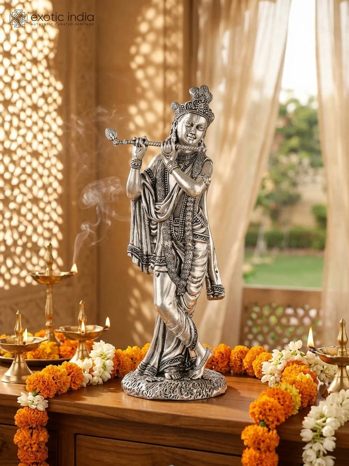 7" Superfine Silver-Plated Lord Krishna Flute Brass Idol Handmade