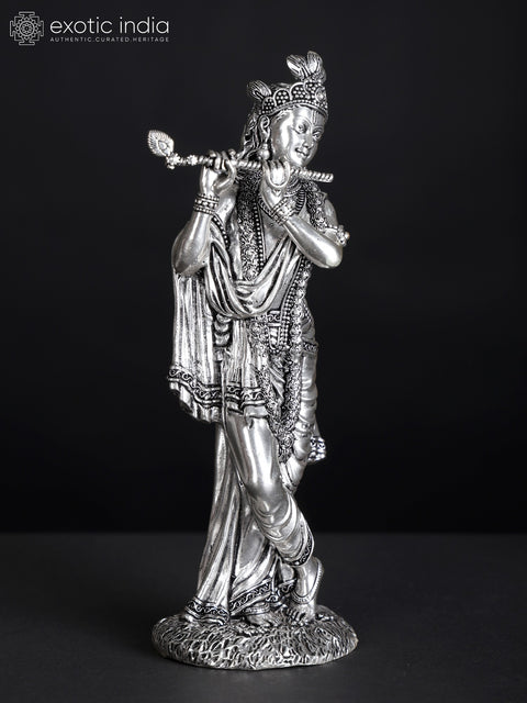 7" Superfine Silver-Plated Lord Krishna Idol Playing Flute | Brass Statue (Different Sizes)